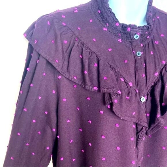 Loft Victorian Button Down Blouse With Ruffle Coquette sz L Plum Pink Polka Dot - Picture 9 of 9